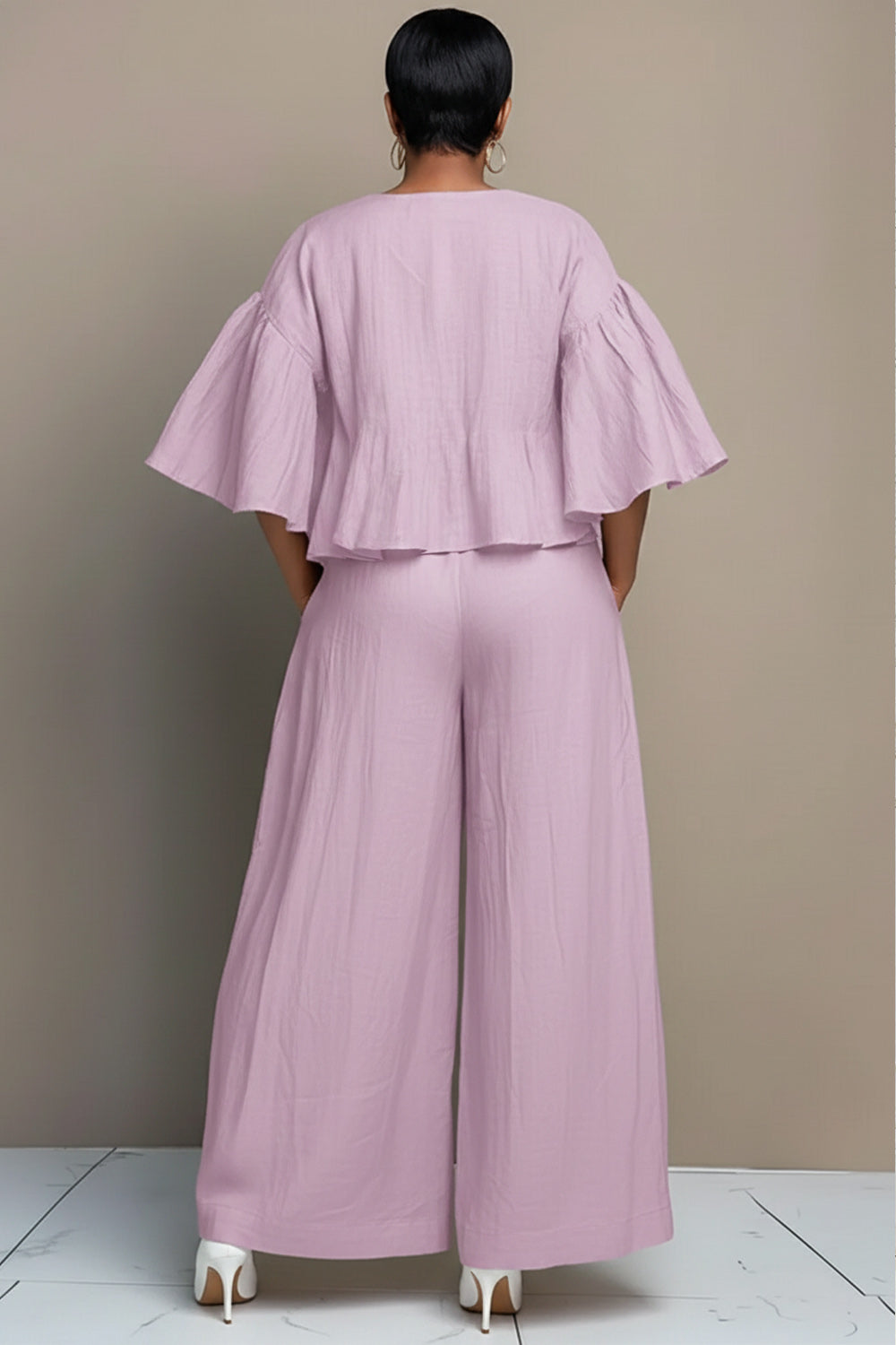 Business Casual Purple Round Neck Half Sleeve Pocket Wide Leg Linen Two Piece Pant Sets
