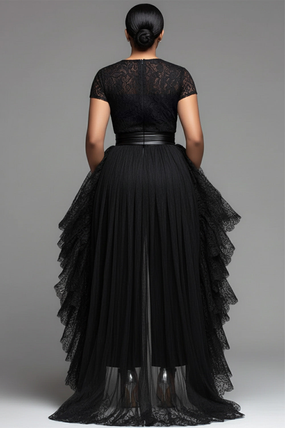 Wedding Guest Black Round Neck Short Sleeve With Skirt Overlay Pocket Lace Jumpsuits