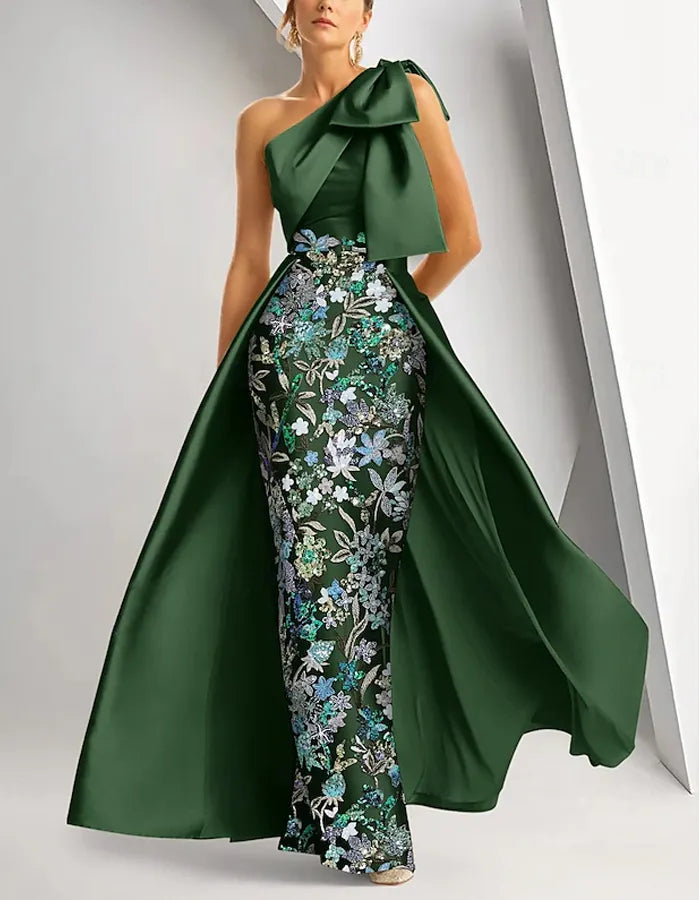 One Shoulder Satin Sequin Bodycon Maxi Dress