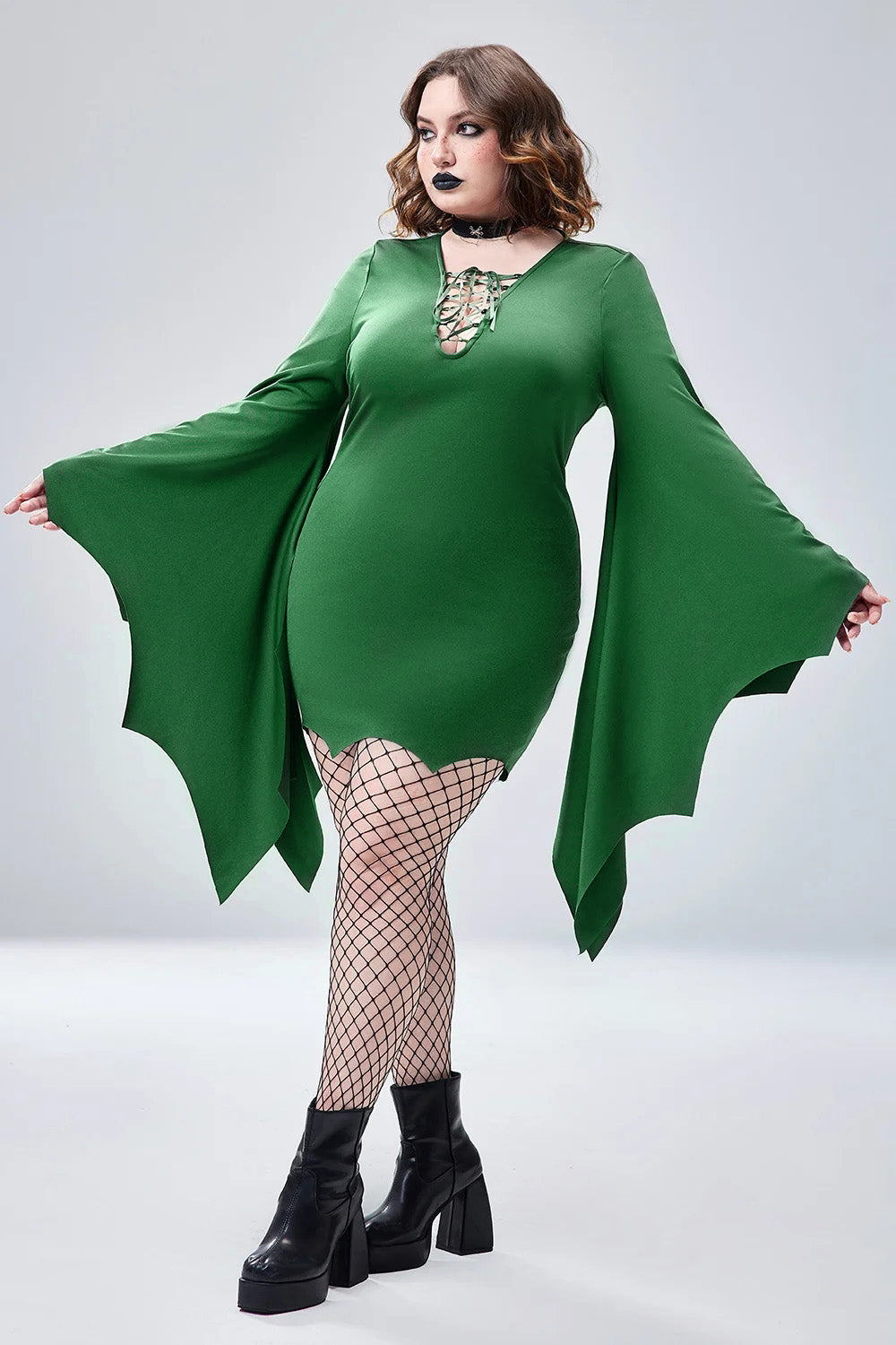 Halloween Costume Green Bats Lace Up Trumpet Sleeve Mini Dress(Ships 24h)