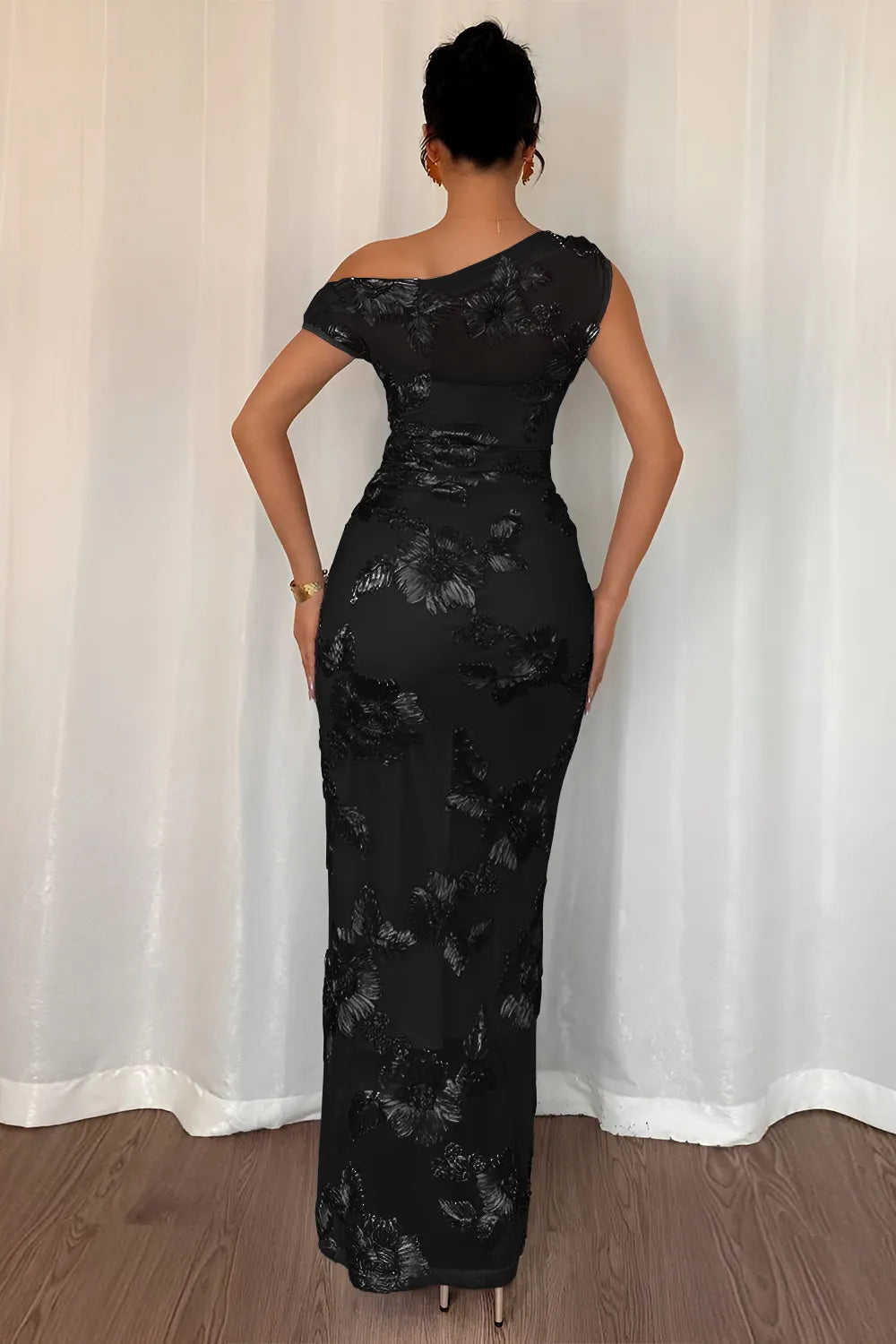 One Shoulder Floral Pattern Mesh Patchwork Slim Fit Gowns Maxi Dresses-Blue