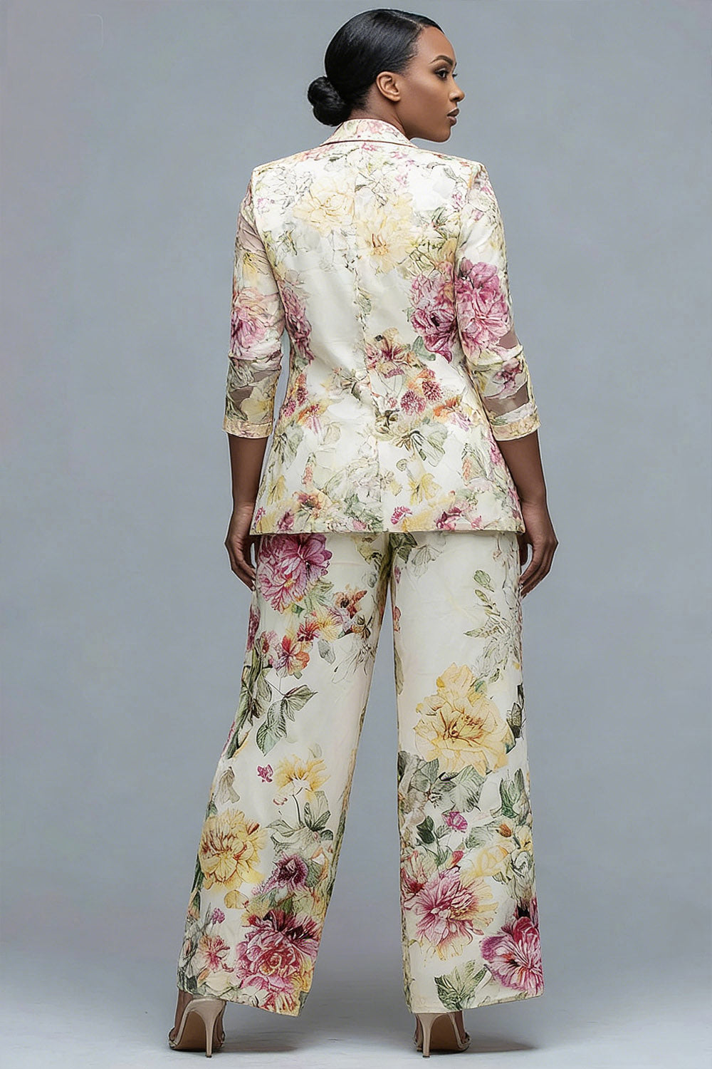 Beige Floral Lapel Collar 3/4 Sleeve See Through Pocket Two Piece Pant Suits