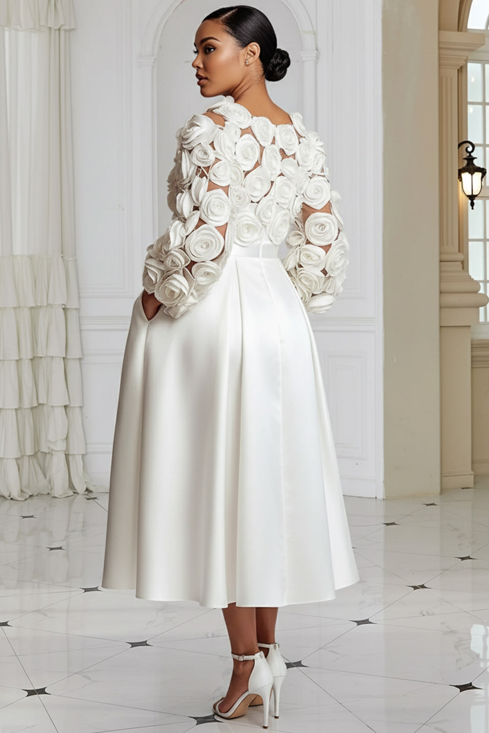 Wedding Black Round Neck 3/4 Sleeve 3D Elegant Pocket Satin Midi Dresses