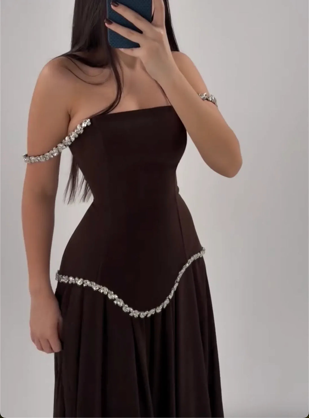 Dark Brown Rhinestone Off-Shoulder Maxi Dress with Fitted Bodice & Flowy Skirt