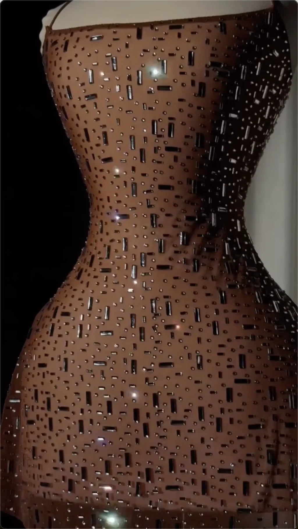 Two Nude Rhinestone Mini Dresses: Asymmetrical Halter vs. Straight Cut - Formal Party Gowns