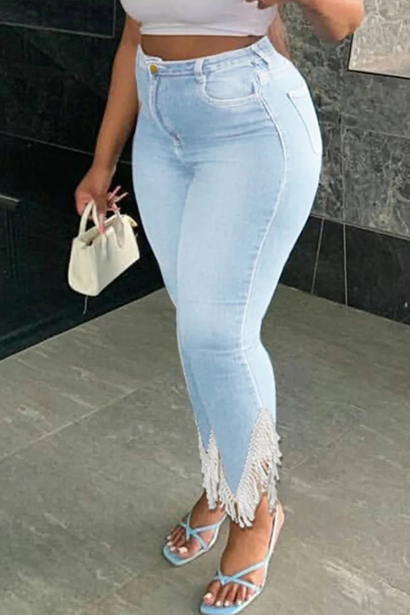 Women's Skinny Jeans With Fringed Hem Casual Style