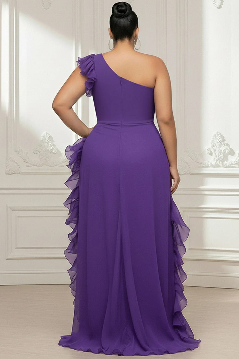 Black Oblique Collar One Shoulder Ruffle Split Chiffon Maxi Dresses