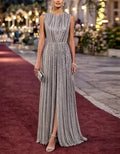 Silver Sequined Round Neck Sleeveless Maxi Dress