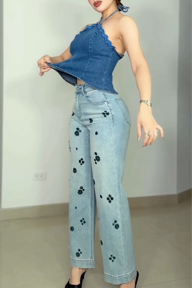 Women's Casual Halter Denim Vest or Shiny Jeans