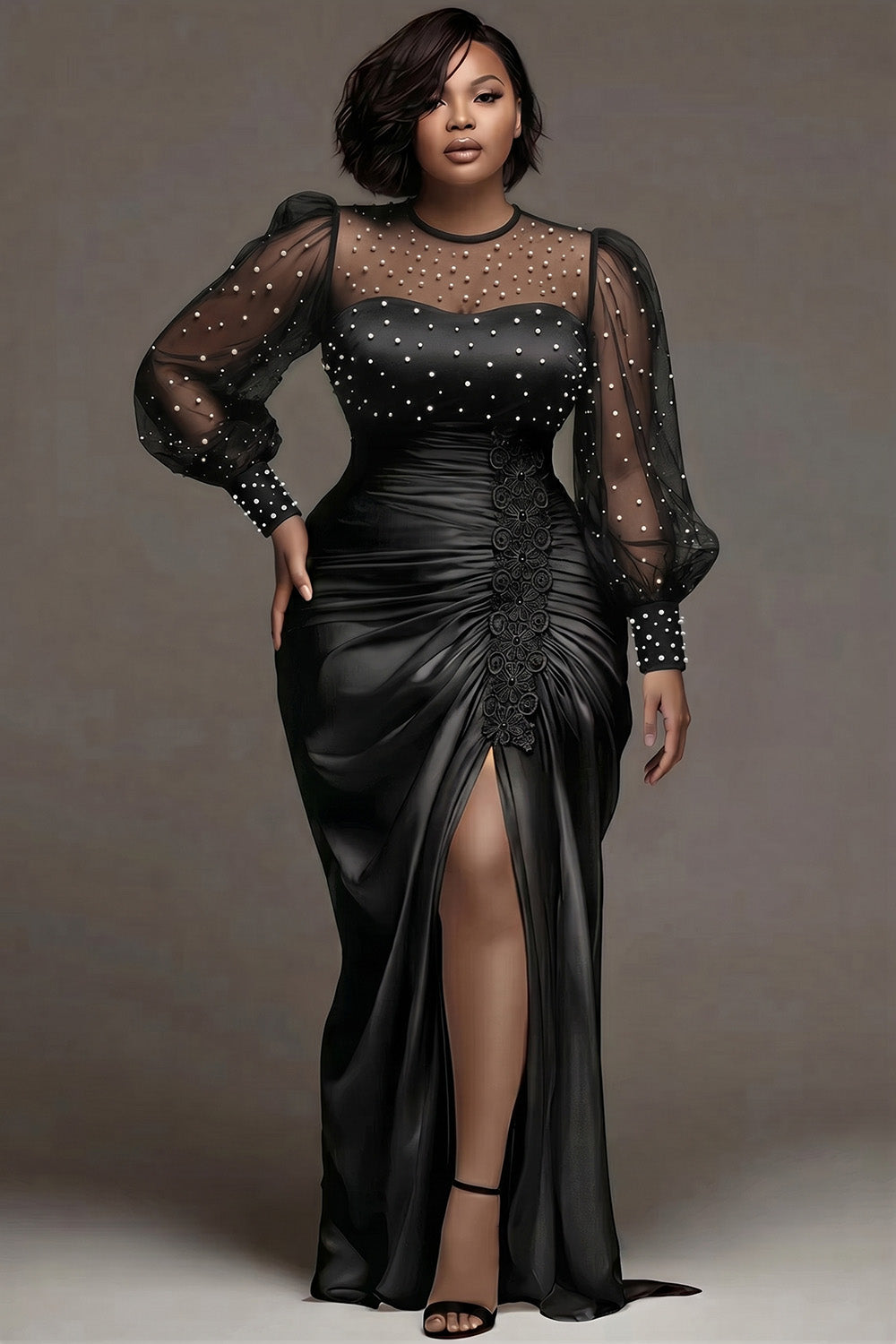 Wedding Tulle White Round Neck Puff Sleeve Long Sleeve See Through Pearls Satin Maxi Dresses