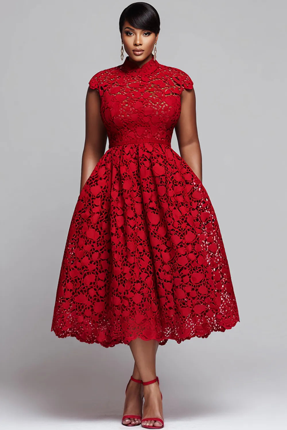 Red Round Neck Pocket Elegant Cut Out Lace Midi Dresses