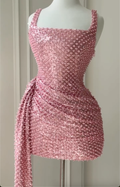 Pink Square Neck Pearl & Sequin Mini Dress - Ruched Formal Cocktail Gown