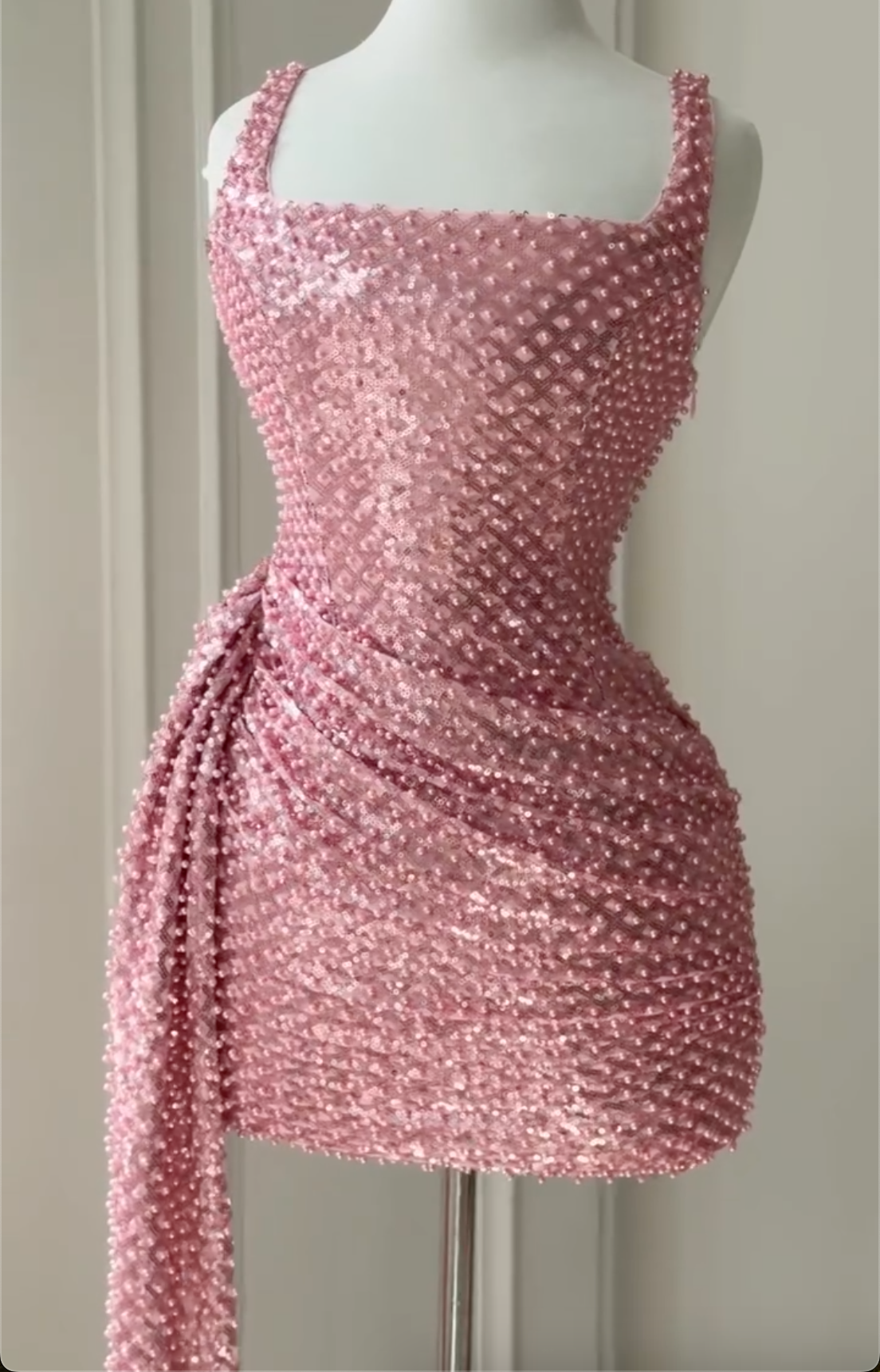 Pink Square Neck Pearl & Sequin Mini Dress - Ruched Formal Cocktail Gown