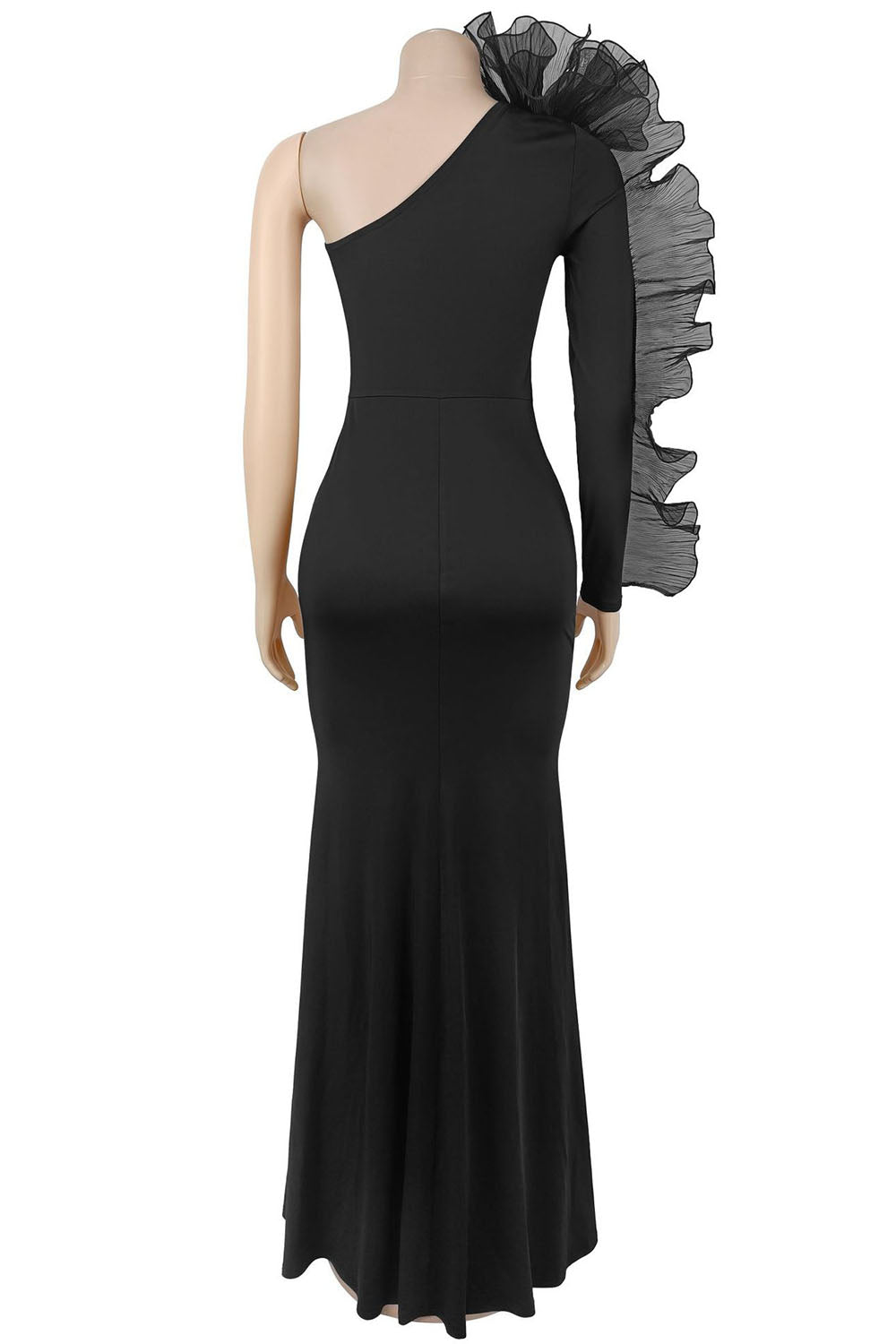 One Shoulder Ruffled Long Sleeve Mermaid Evening Gowns Maxi Dresses-Black