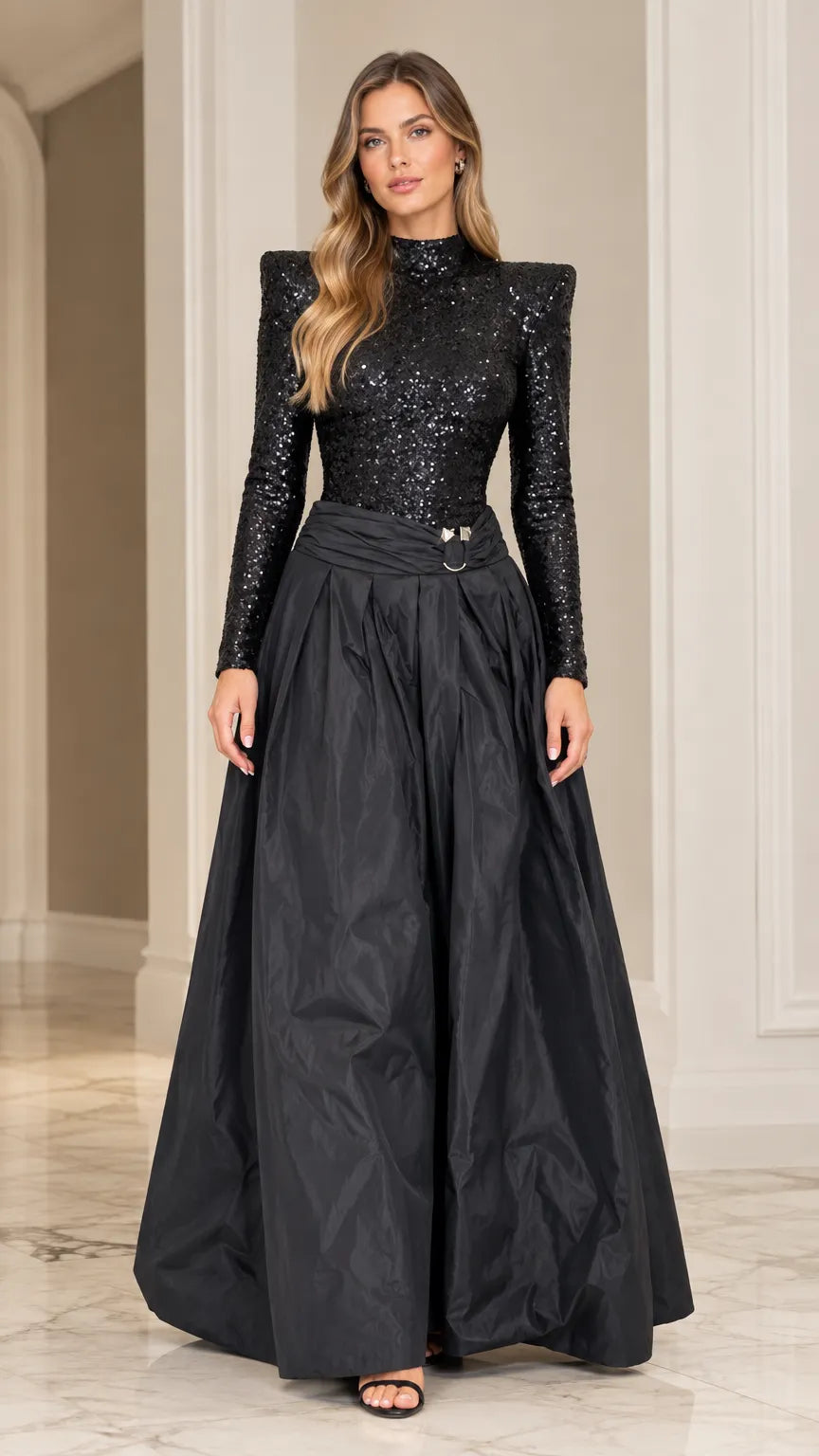 Sequined Mock Neck Open Back Maxi Ball Gown with Structured Shoulders