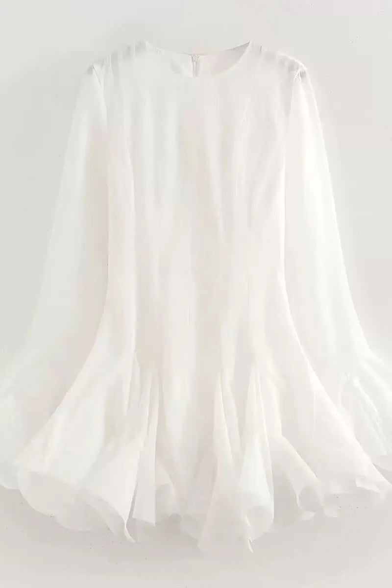 Women Round Neck Sheer Flare Long Sleeve Ruffle Hem White Mini Dress