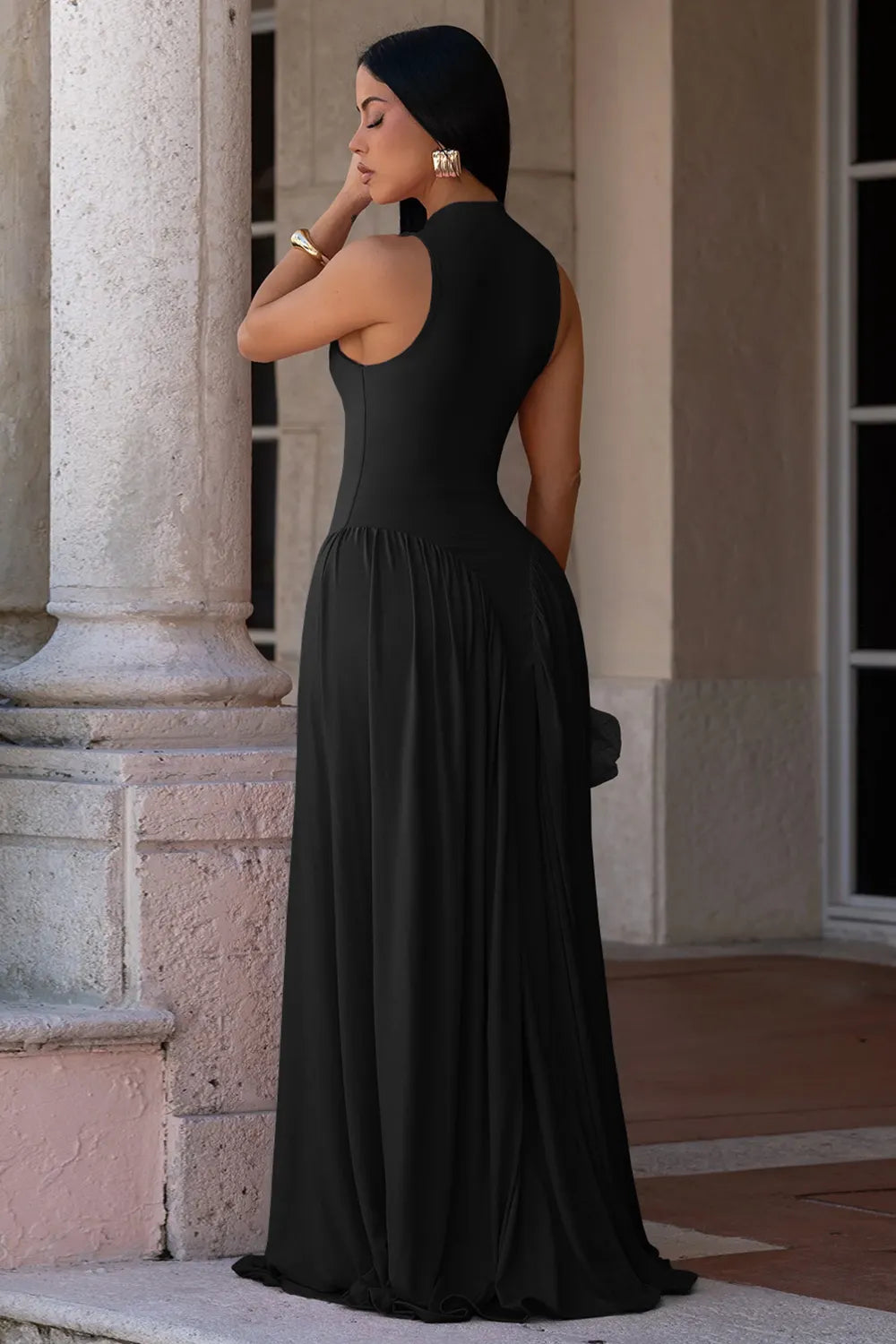 Round Neck Sleeveless Low Waist Ruched Solid Color Gowns Maxi Dresses-Black