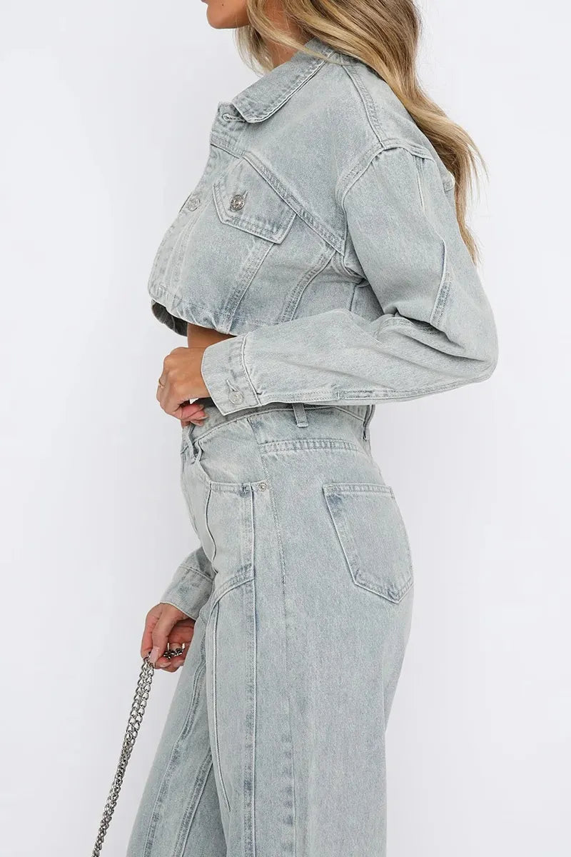 Women's Best-Selling Casual Cropped Denim Jacket＆ Wide Leg Jeans