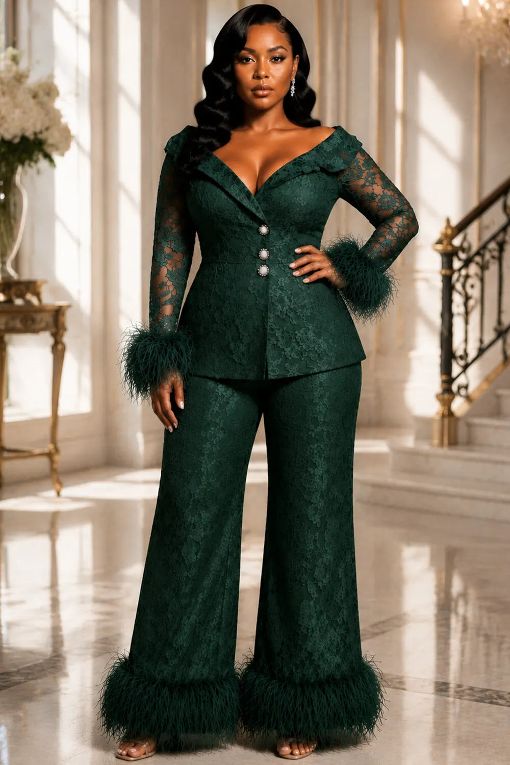 Emerald Green Off The Shoulder Long Sleeve Feather Pocket Lace Two Piece Pant Suits [Pre-Order]