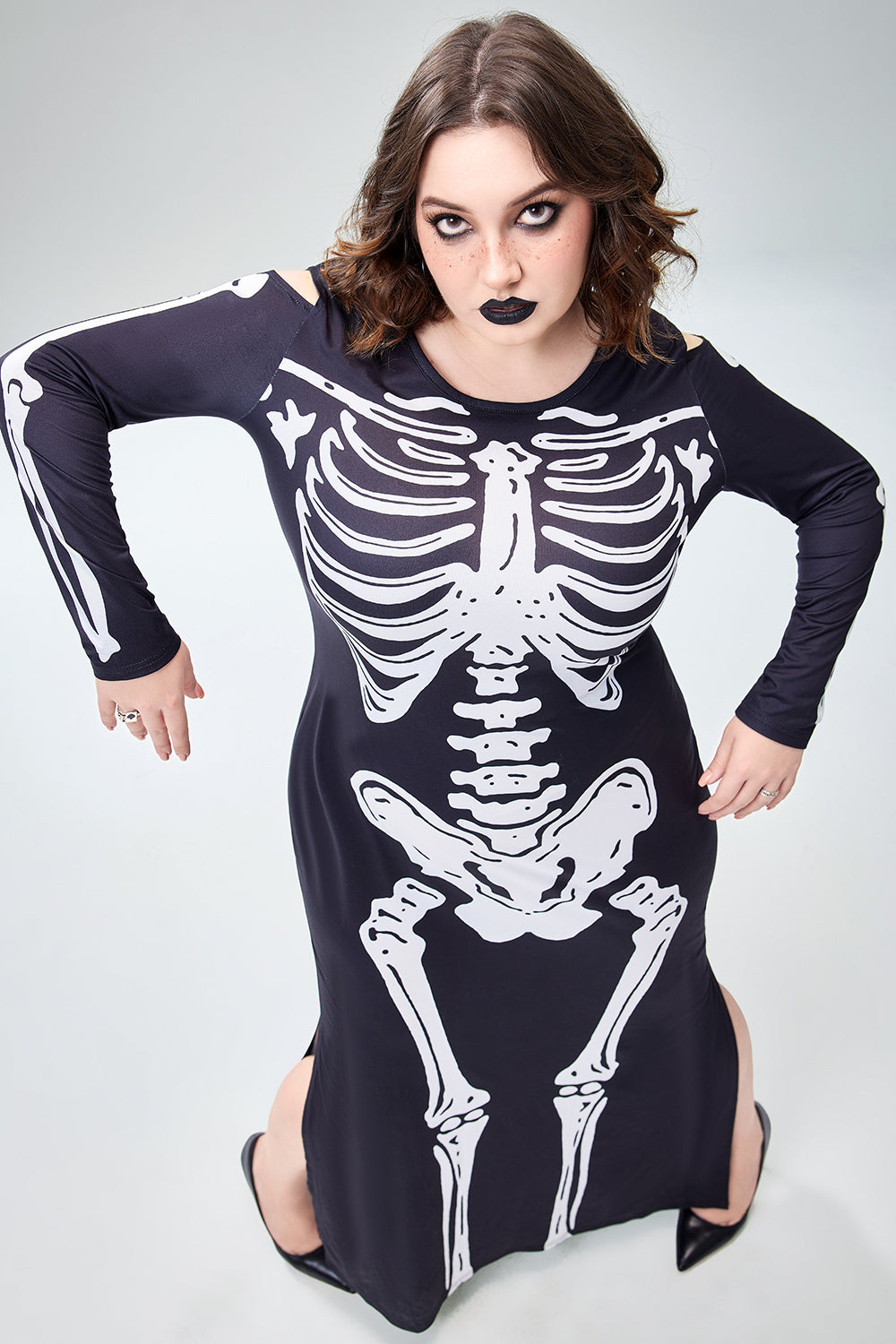 Casual Halloween Costume Gothic Black Round Neck Long Sleeve Skeleton Print Knitted Maxi Dress(Ships 24h)