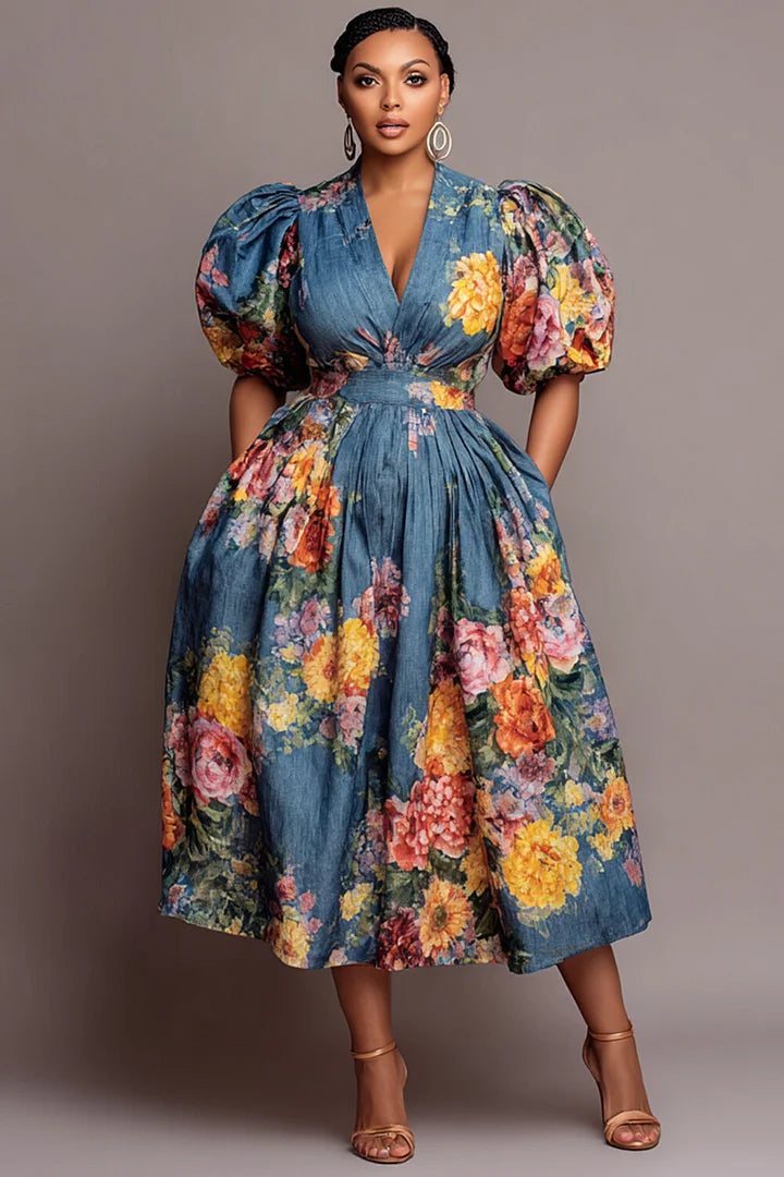 Xpluswear Design Plus Size Party Blue Floral V Neck Puff Sleeve Short Sleeve Pocket Denim Midi Dresses