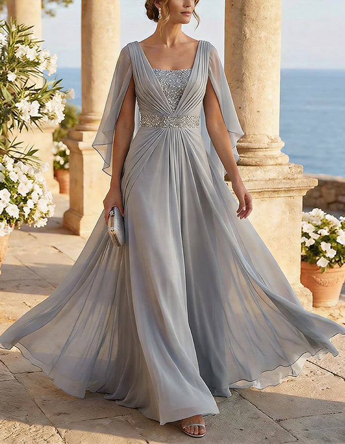 Ice Blue Chiffon Cape Sleeves Maxi Dress