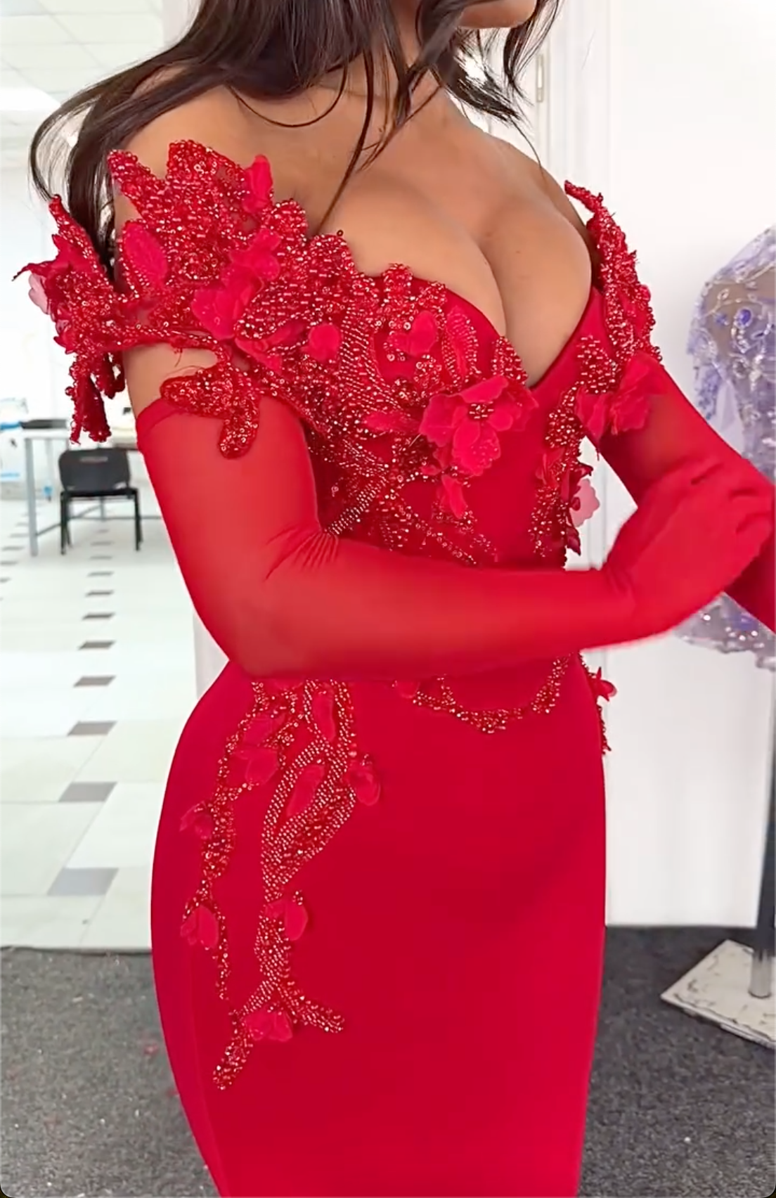 Luxury Red Embellished 3D Floral Off Shoulder Maxi Dress - Mermaid Formal Prom Gown With Gloves