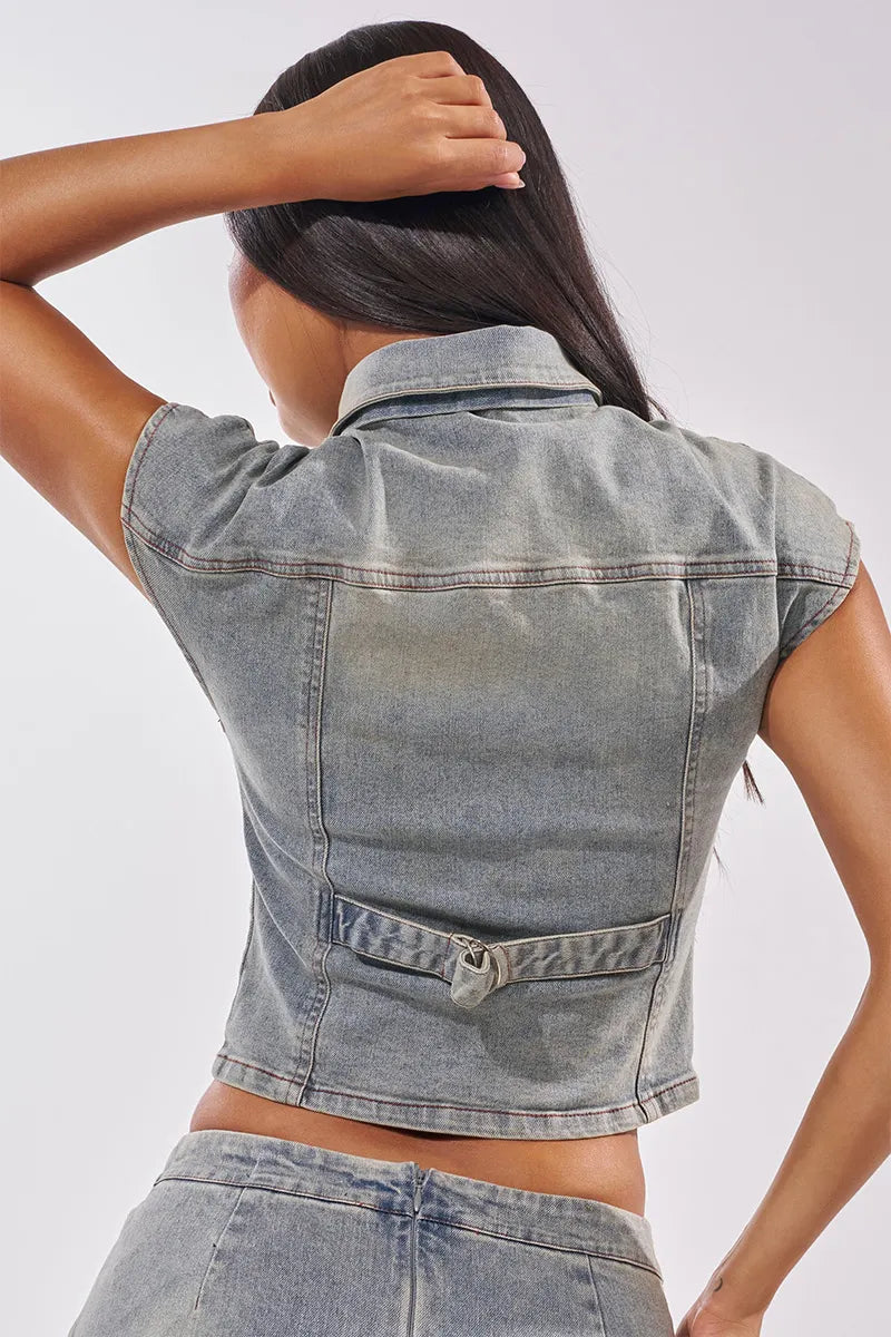 Women's Lapel Necktie Cap Sleeve Fitted Cropped Denim Shirt Or High Waist Bodycon Ruffle Flare Mermaid Denim Midi Skirt