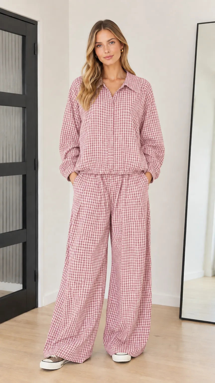 Women's Gingham Collared Long Sleeve Top and Wide-Leg Pants Two-Piece Set