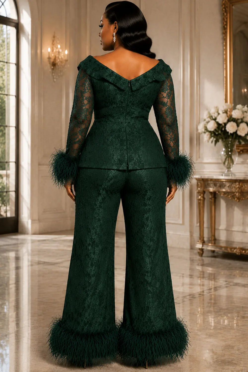 Emerald Green Off The Shoulder Long Sleeve Feather Pocket Lace Two Piece Pant Suits [Pre-Order]
