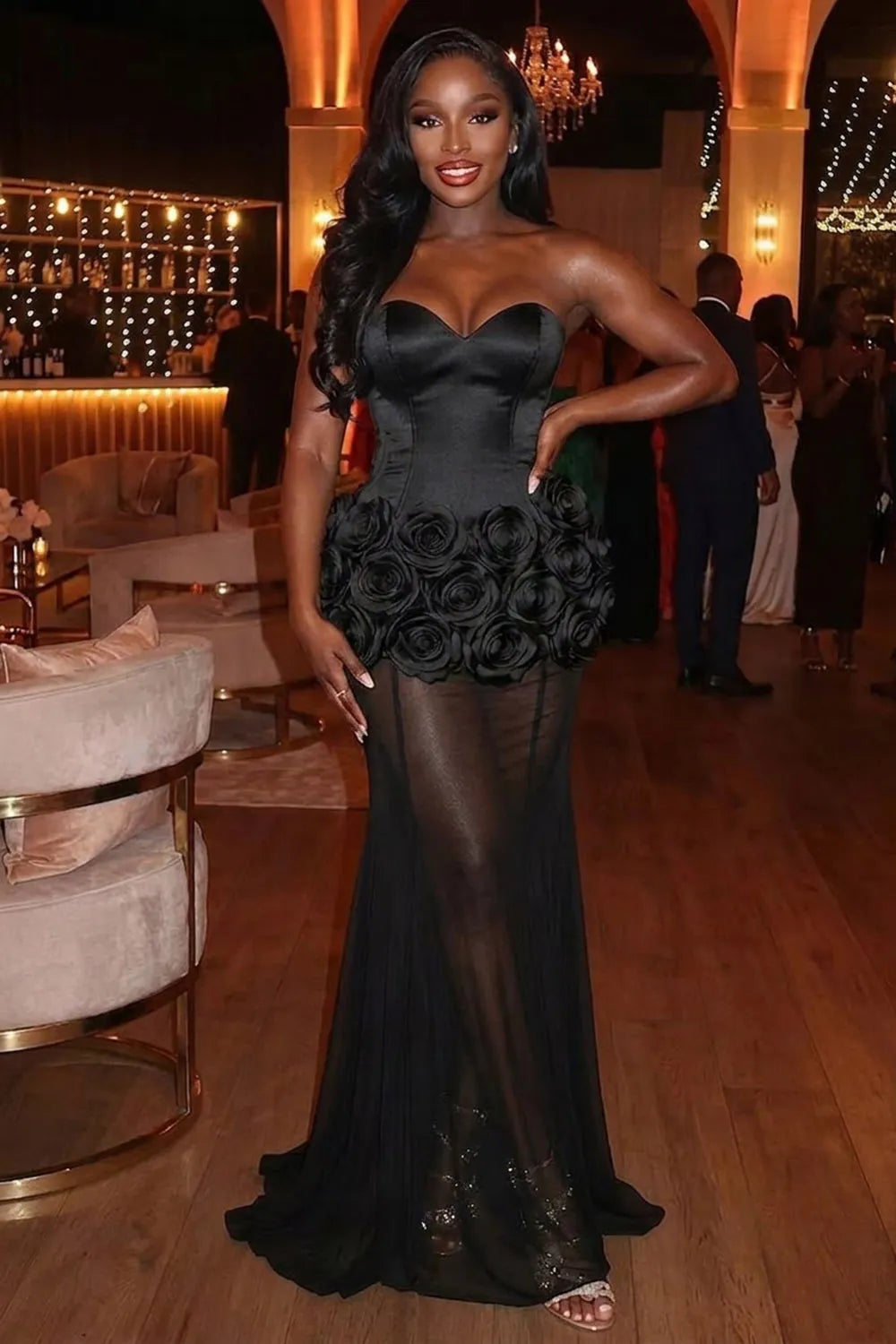 Strapless 3D Floral Mesh Mermaid Evening Gowns Maxi Dresses-Black [Pre Order]