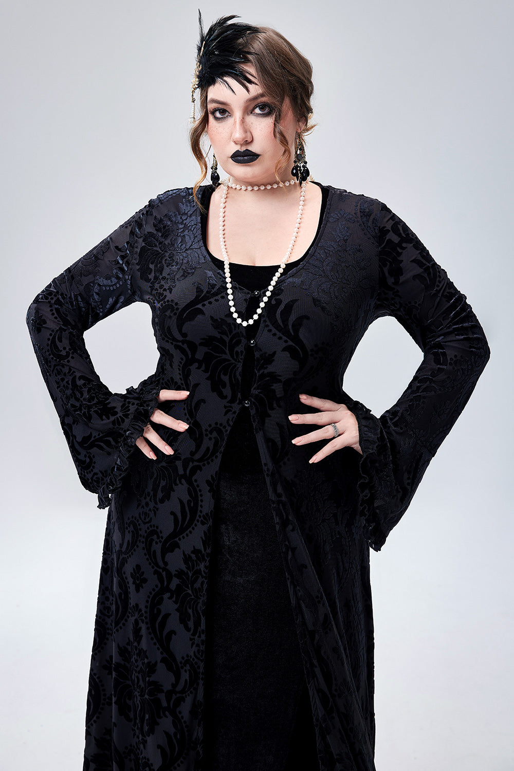 Halloween Costume 1920s Flapper Dress Gothic V-Neck Long Sleeve Velvet Cardigan(Ships 24h)