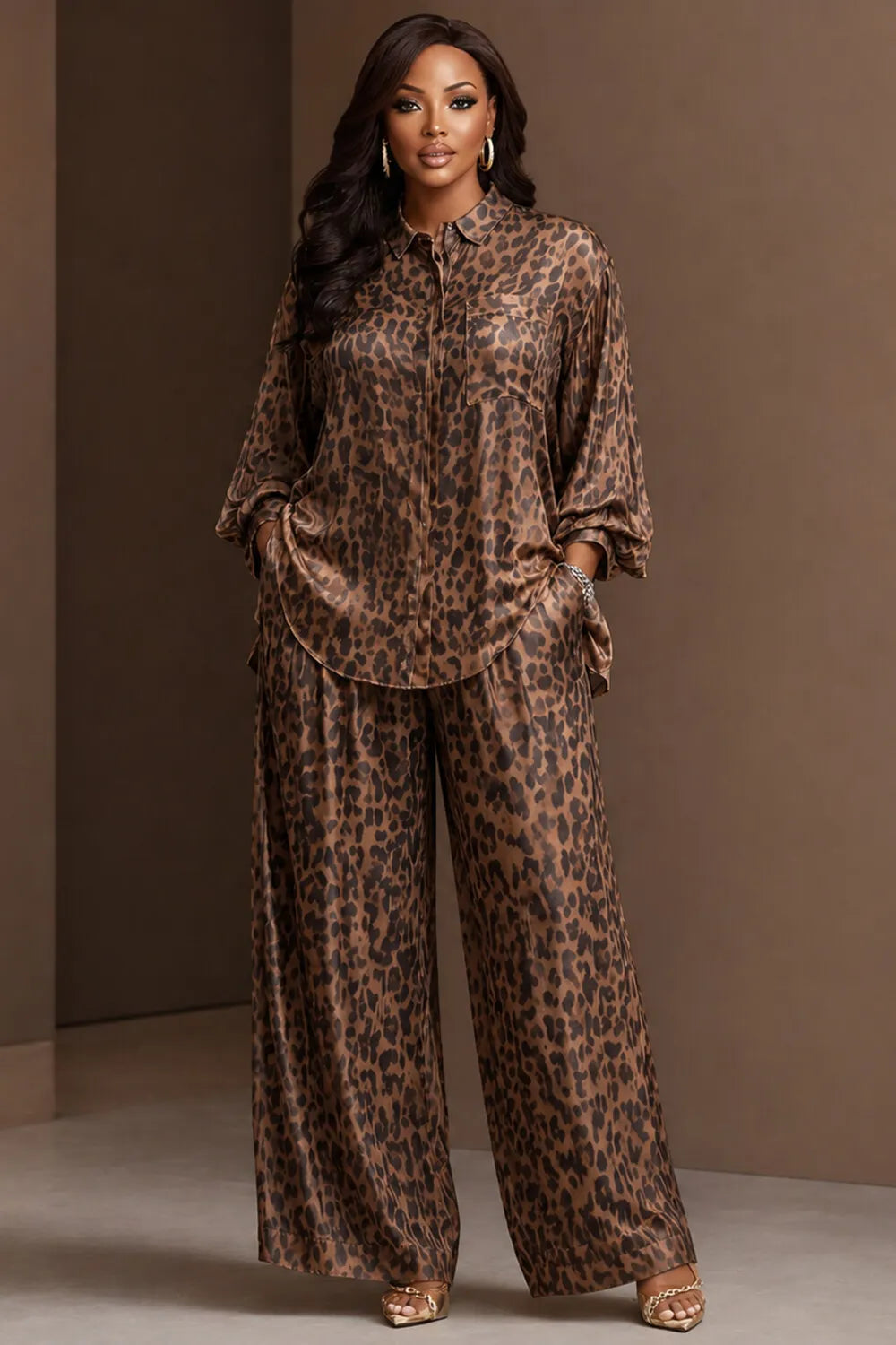 Business Casual Brown Leopard Shirt Collar Long Sleeve Pocket Wide Leg Two Piece Pant Sets [Pre-Order]