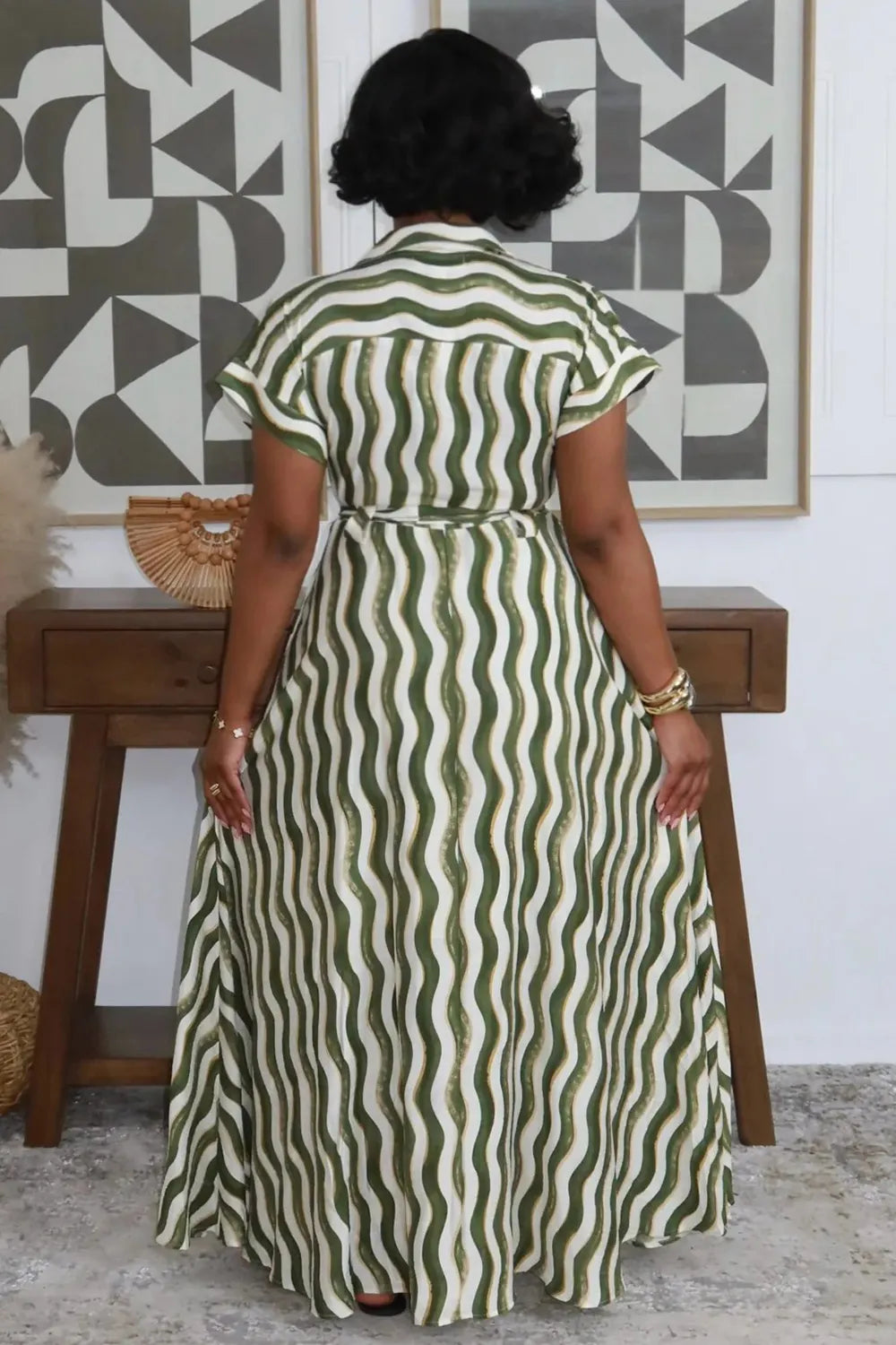 Ripple Print Notched Lapel Front Slit Casual Maxi Dresses-Green [Pre Order]