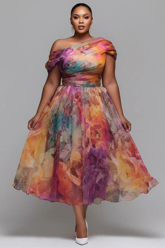 Wedding Guest Elegant Multicolor Floral Oblique Collar Chiffon Midi Dresses