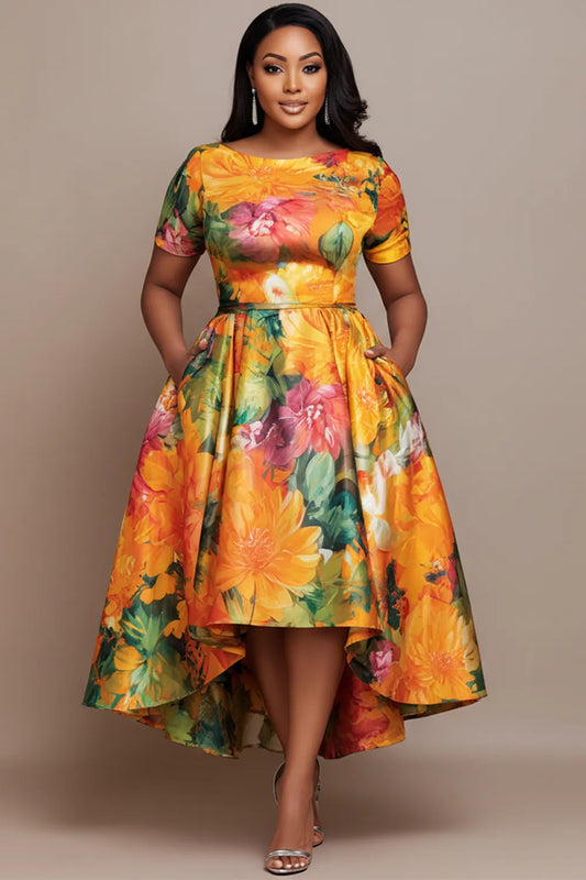 Wedding Guest Yellow Round Neck Short Sleeve Pocket Zipper Satin Midi Dresses