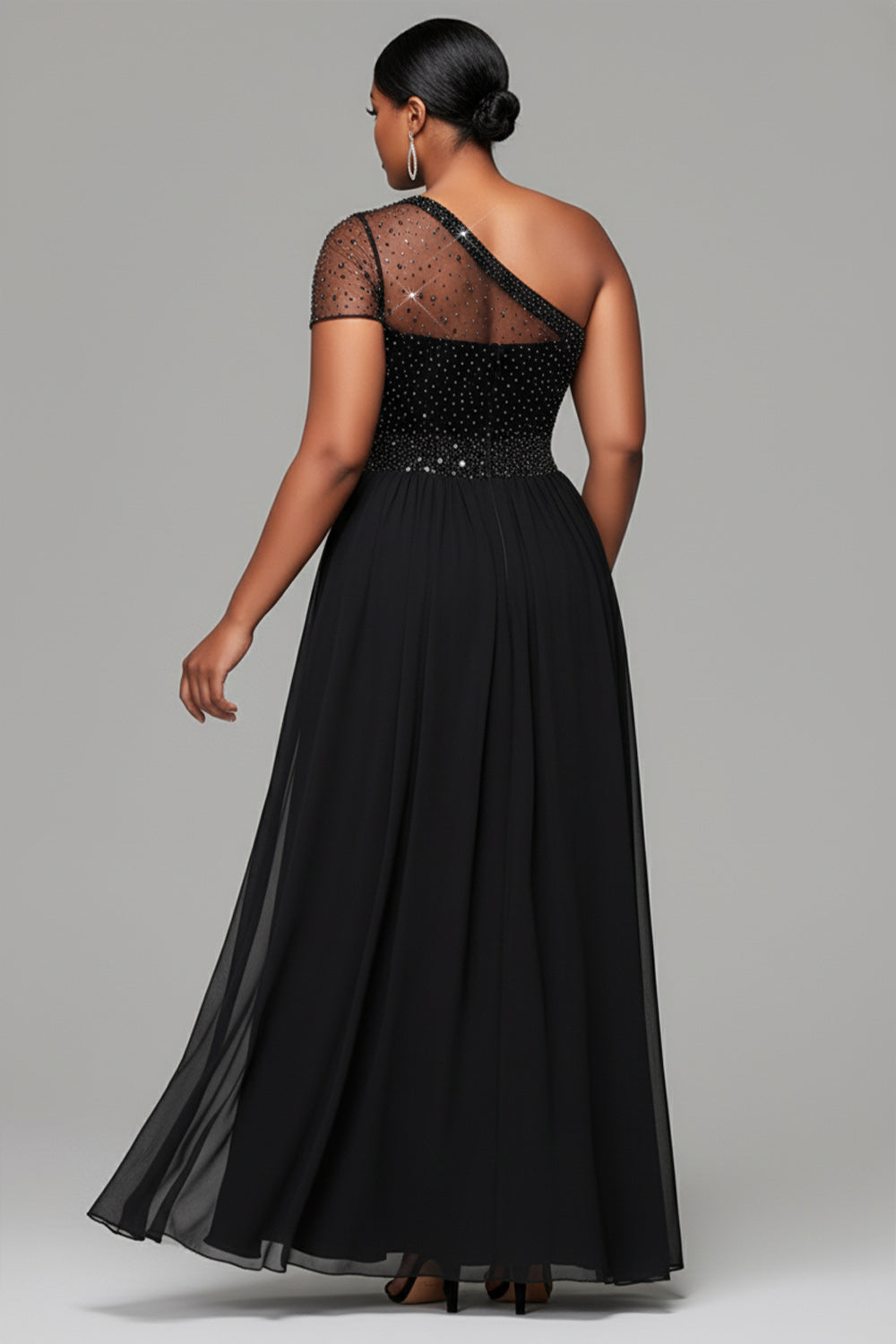 Wedding Chiffon Black One Shoulder Split Drilling Tulle Maxi Dresses