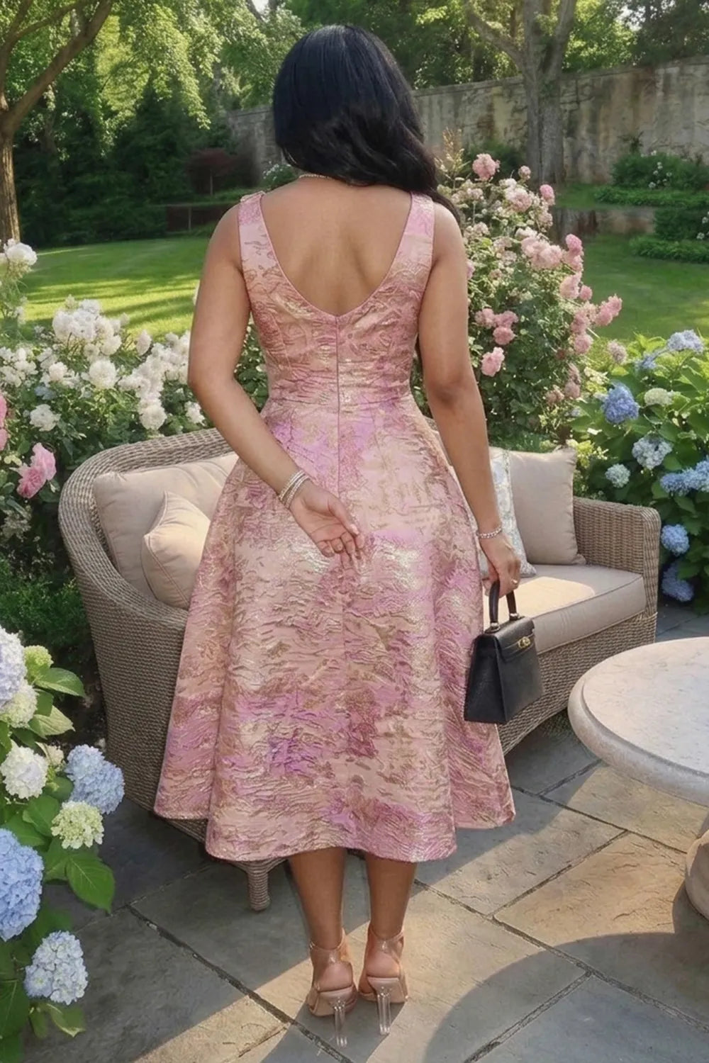 Deep V Neck Sleeveless Jacquard Bouffant Gowns Midi Dresses-Pink