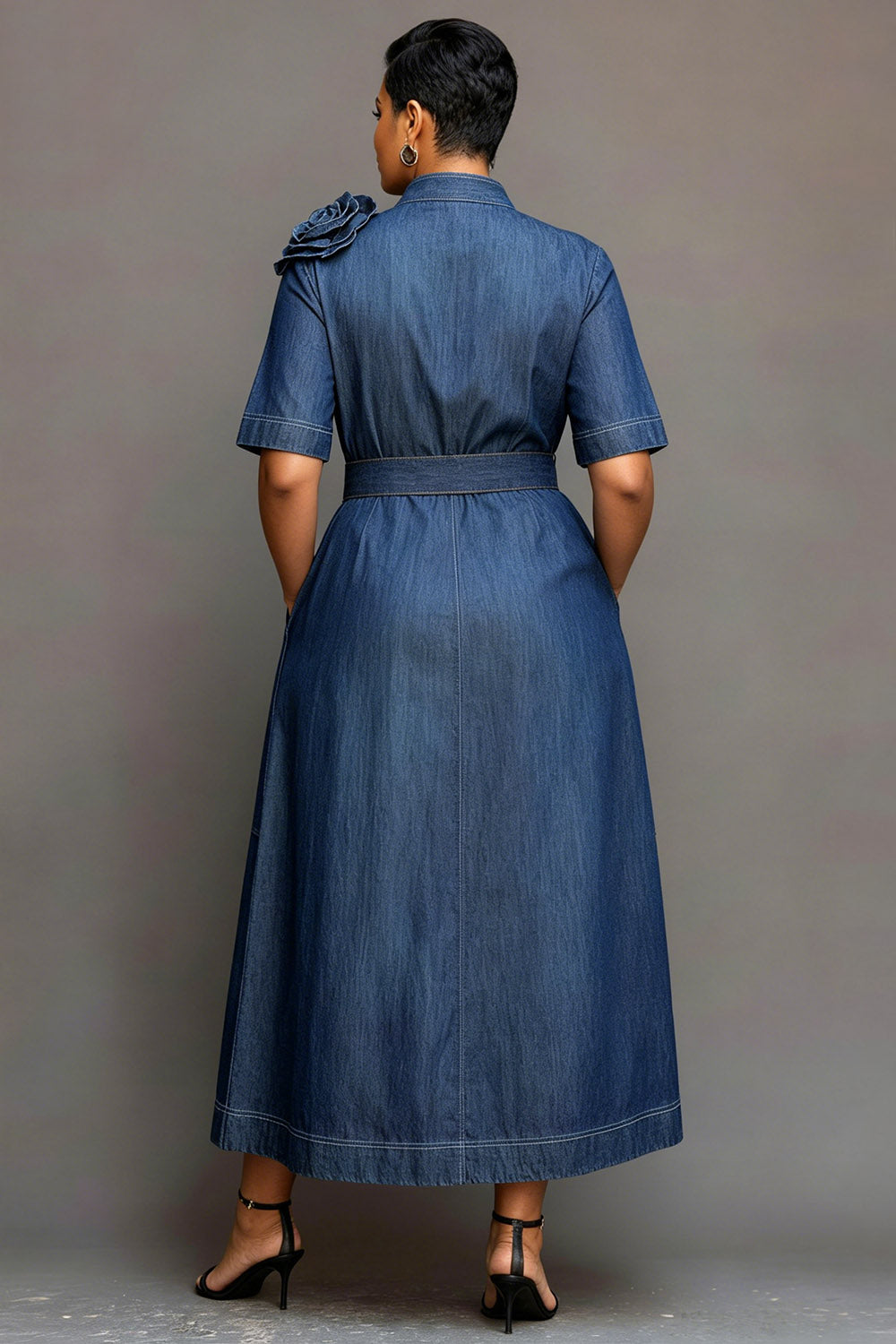 Xpluswear Design Plus Size Business Casual Casual Blue Stand-Up Collar Short Sleeve 3D Pocket Tencel Denim Maxi Dresses