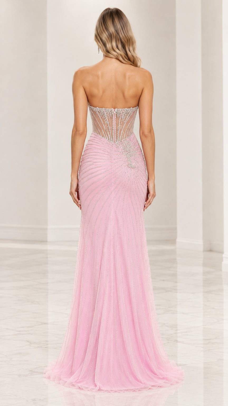 Beaded Corset Illusion Bodice Evening Gown with Thigh Slit