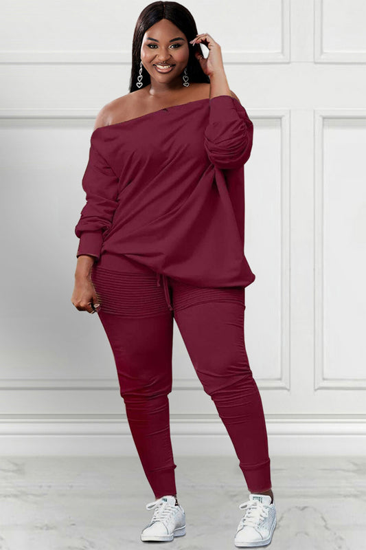 Casual Pants Set Burgundy Long Sleeves Oblique Collar Sweatshirt Two Pieces Pants Set