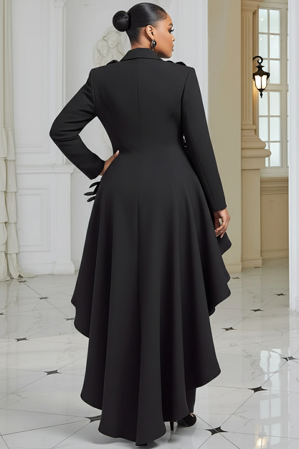 Wedding Guest Black Lapel Collar Long Sleeve Asymmetric Hem Elegant 3D Two Piece Pant Suits