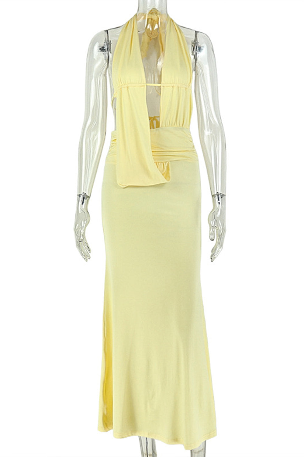 Halter Plunge Neck Backless Solid Color Fishtail Gowns Maxi Dresses-Yellow