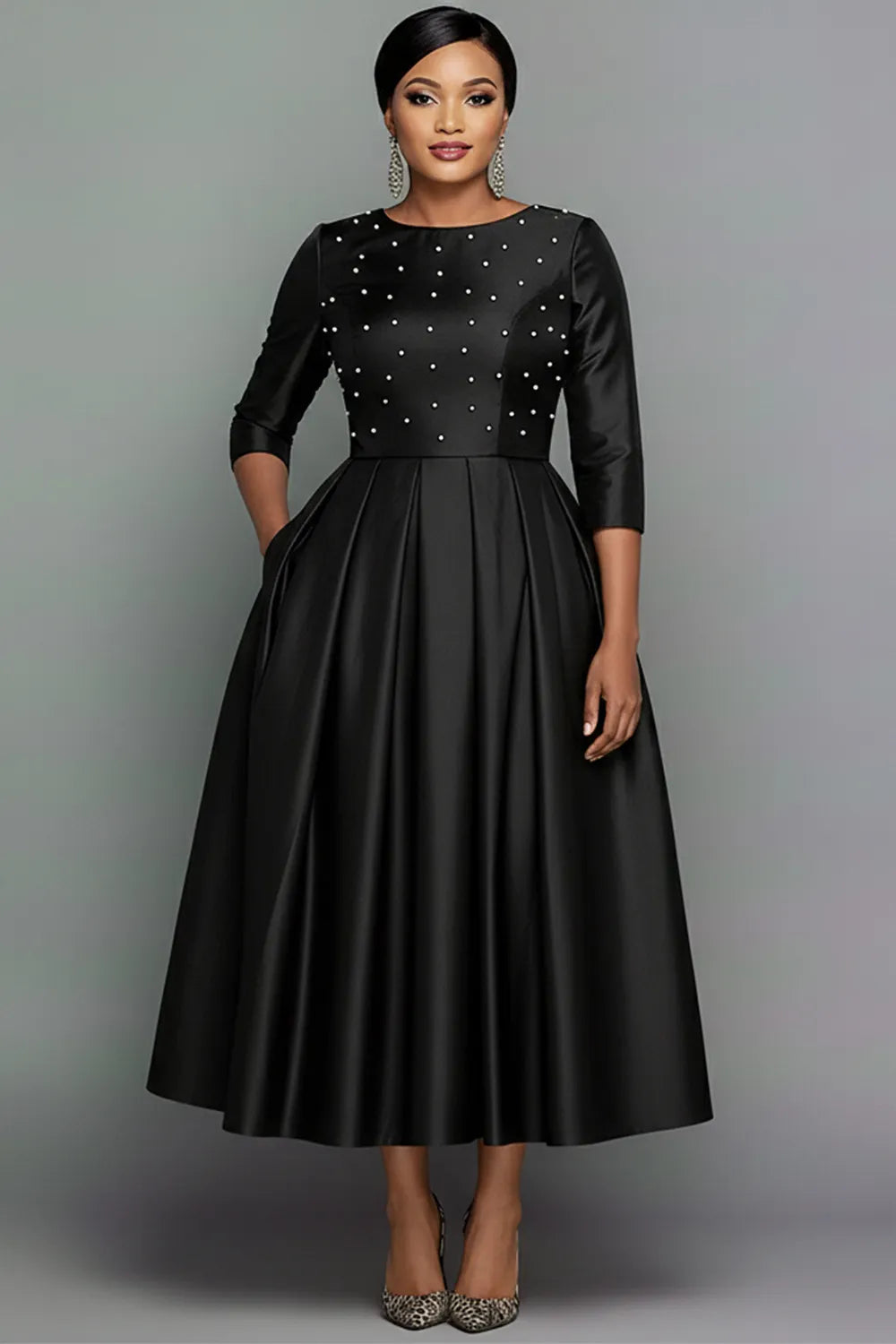 Black Round Neck Long Sleeve Pearls Elegant Pocket Satin Midi Dresses