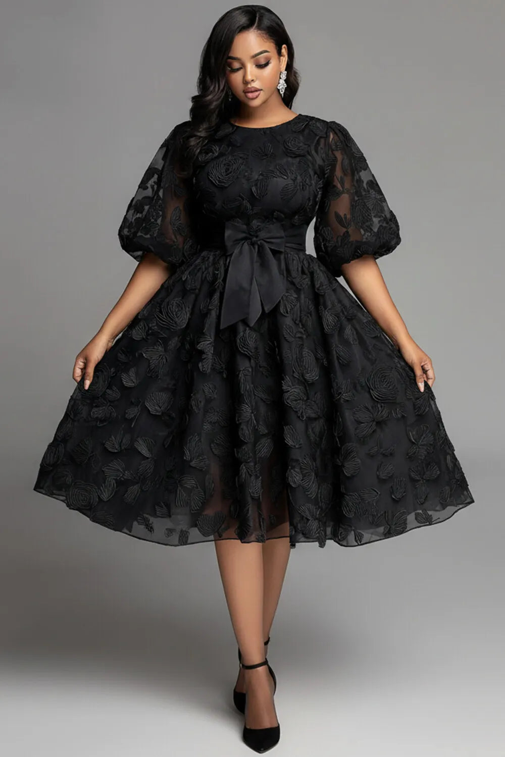 Cocktail Party Black Round Neck Short Sleeve Pocket See Through Lace Midi Dresses