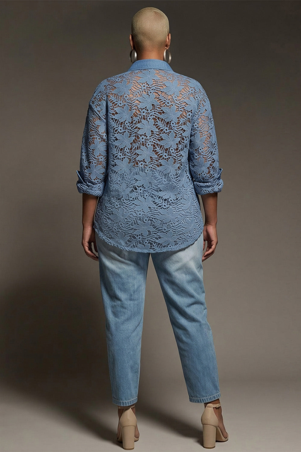 Xpluswear Design Plus Size Business Casual Lace Light Blue Shirt Collar 3/4 Sleeve Contrast Tencel Denim Blouses
