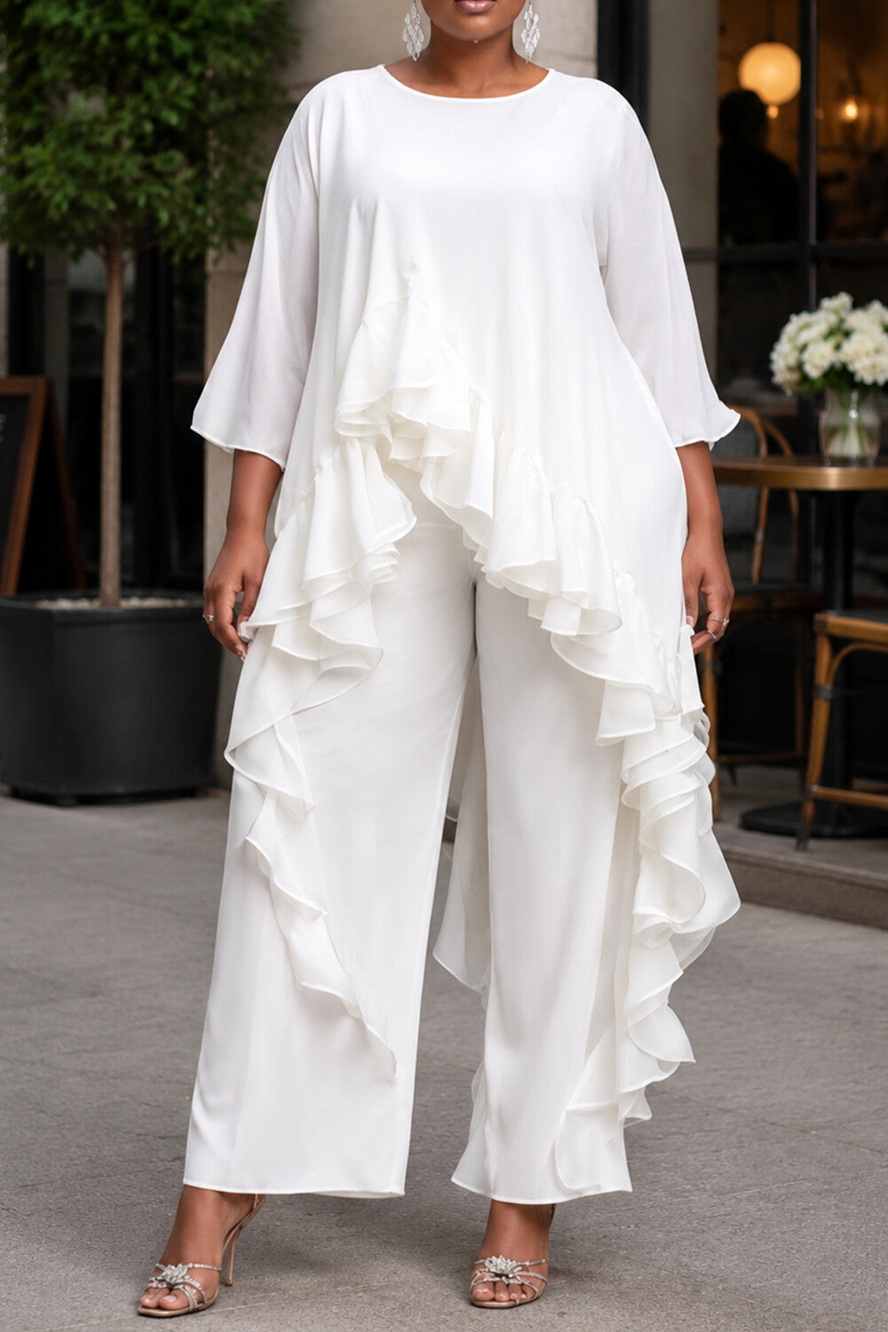 Daily Elegant White Round Neck Half Sleeve Ruffle Asymmetric Hem Two Piece Pant Sets