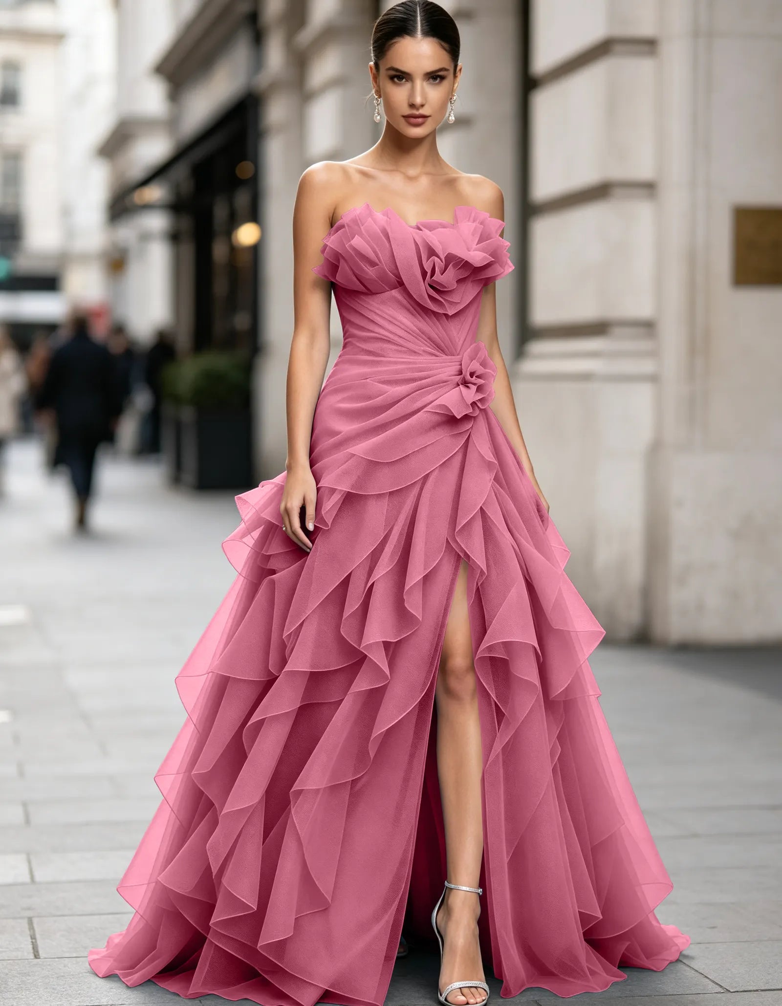 Voluminous Floral Ruffle Strapless Tulle Mermaid  Maxi Dress