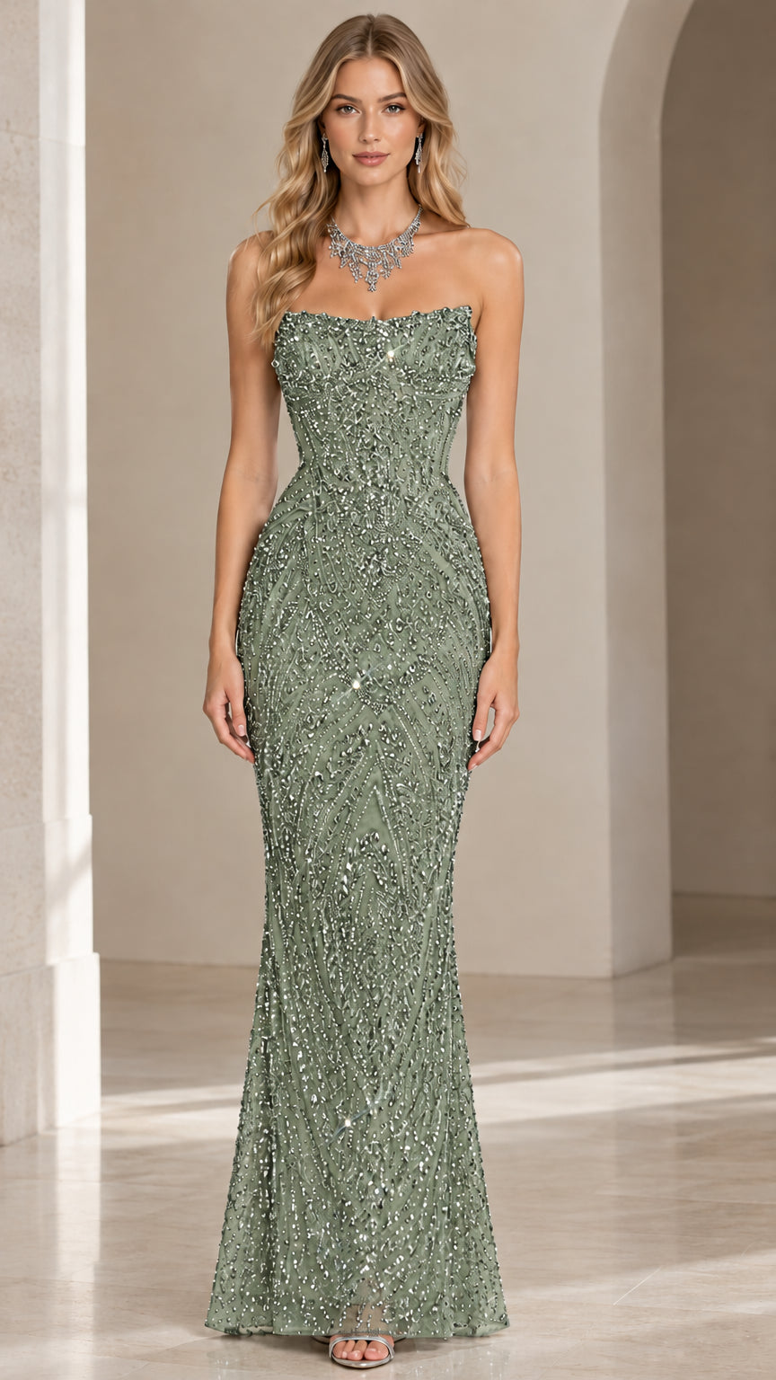 Strapless Beaded Sequin Mermaid Evening Gown