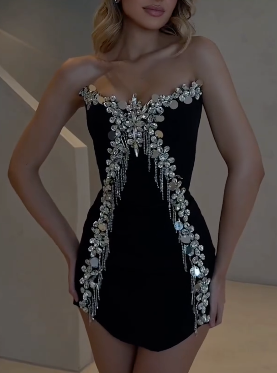 Black Beaded Strapless Mini Dress with Fringe Trim & Crystal Embellishments